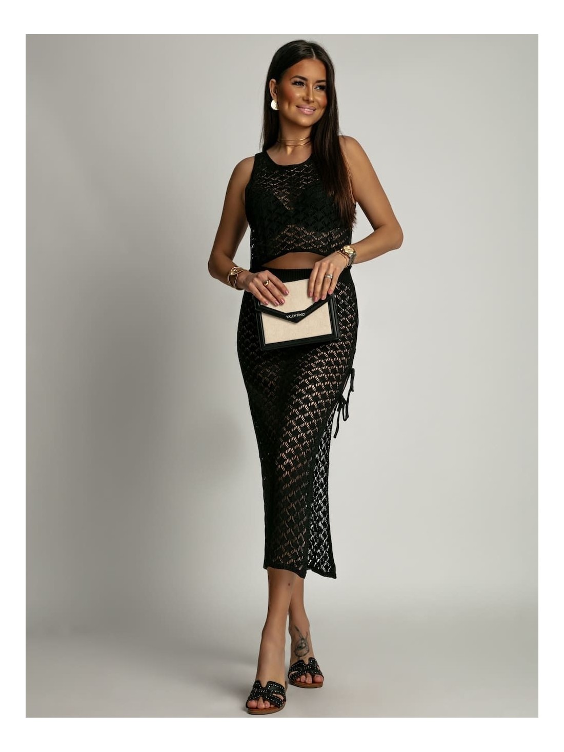 Openwork 2-piece set, blouse and skirt, black SFP118018